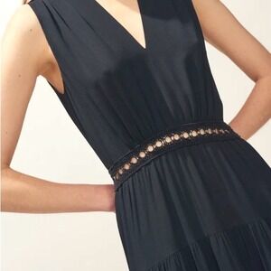 Claudie Pierlot Black Midi Dress 36 Waist Detail Classic French Designer sz 2 4